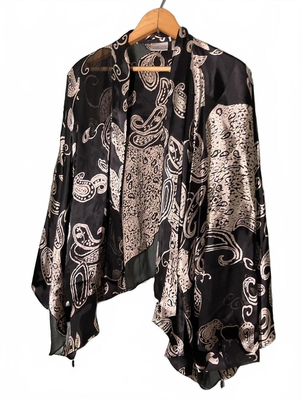 Chico's Black and Cream Paisley Patterned Silk Blend Kimono Jacket Size 3